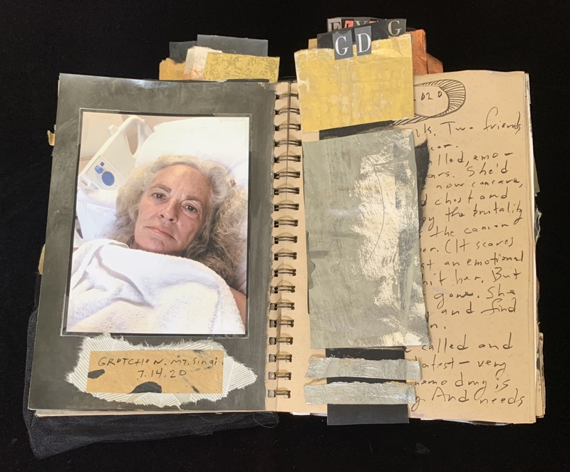 A mixed-media page from a scrapbook or journal featuring a photograph, handwritten notes, and various cut-out papers.