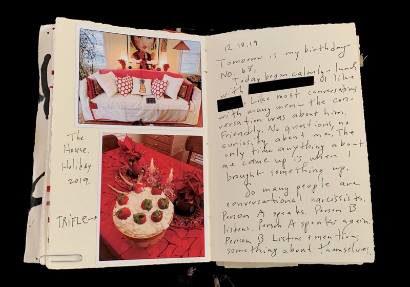 Open sketchbook with photos of a decorated living room and a dessert table, accompanied by handwritten notes.