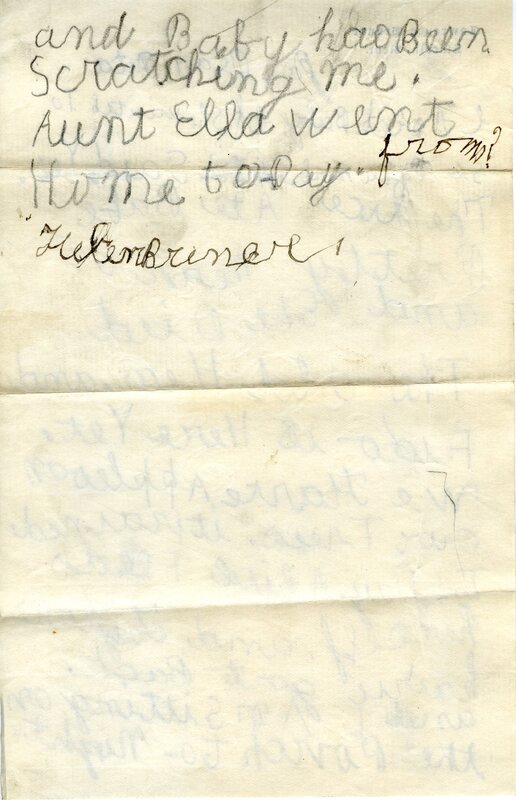Handwritten 2 page letter from Helen Bruner to Lawrence Bruner, "I asked Baby if she wanted to see..."