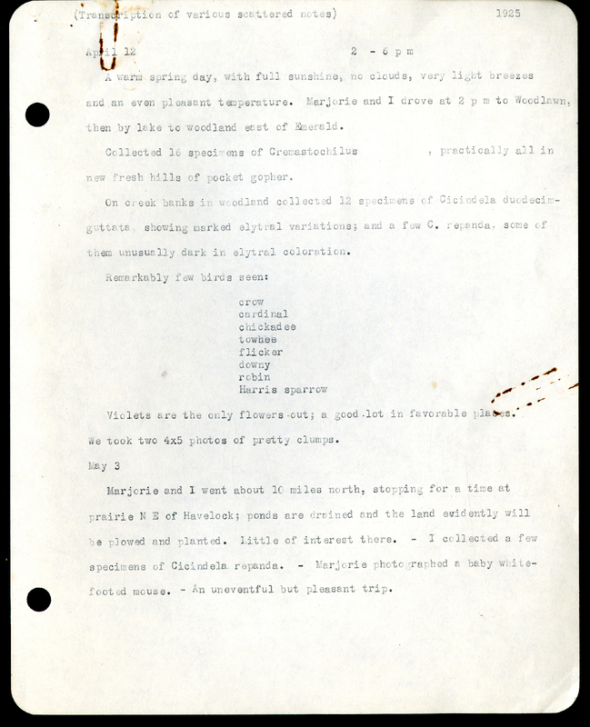 Frank H. Shoemaker typescript, 3 pages,  on Woodlawn Cemetary and Branson Woods, including biplane trip over Lincoln, Nebraska.