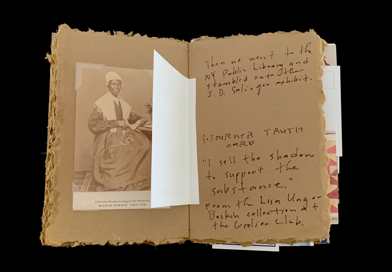 Aged scrapbook pages featuring a photo of Sojourner Truth and handwritten notes.