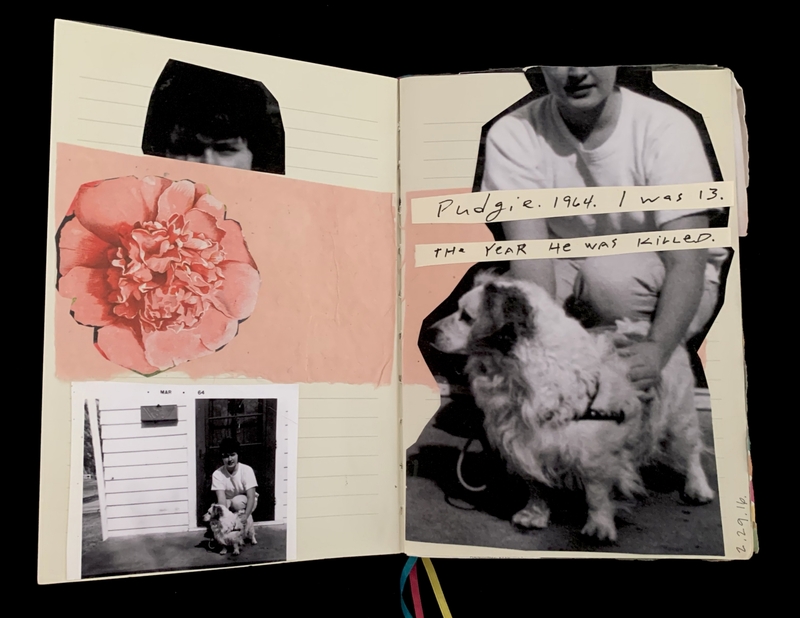 Open journal with photos of a person and dog, pink flower, and handwritten text.