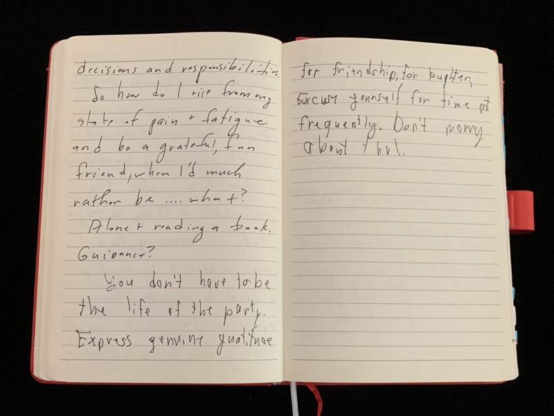 Open notebook with handwritten cursive text on a black background.