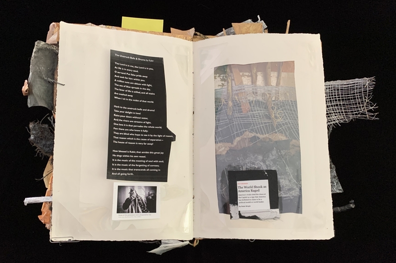 A collage-style page featuring a poem, a photograph, and a smaller text box with a title.