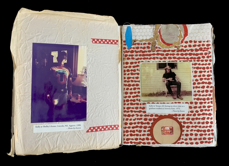 Open scrapbook with photos of people and decorative elements.