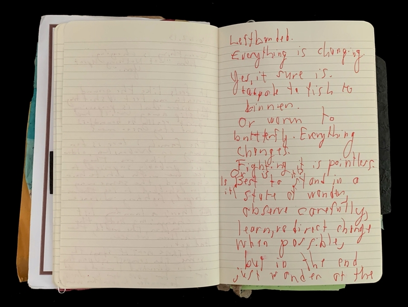 An open notebook with handwritten text in red ink on the right page.