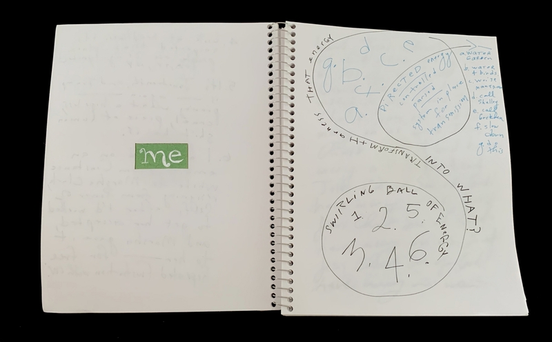 A notebook page with a green "me" label and various handwritten notes and doodles.
