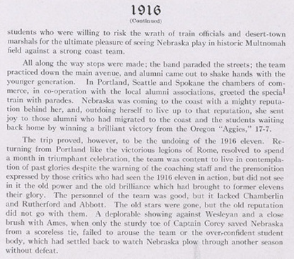 An excerpt from the season recap specifically discussing the trip to Portland to play the O.A.C. Aggies. The yearbook discussed how the Portland trip by the Cornhuskers was unique to college football.