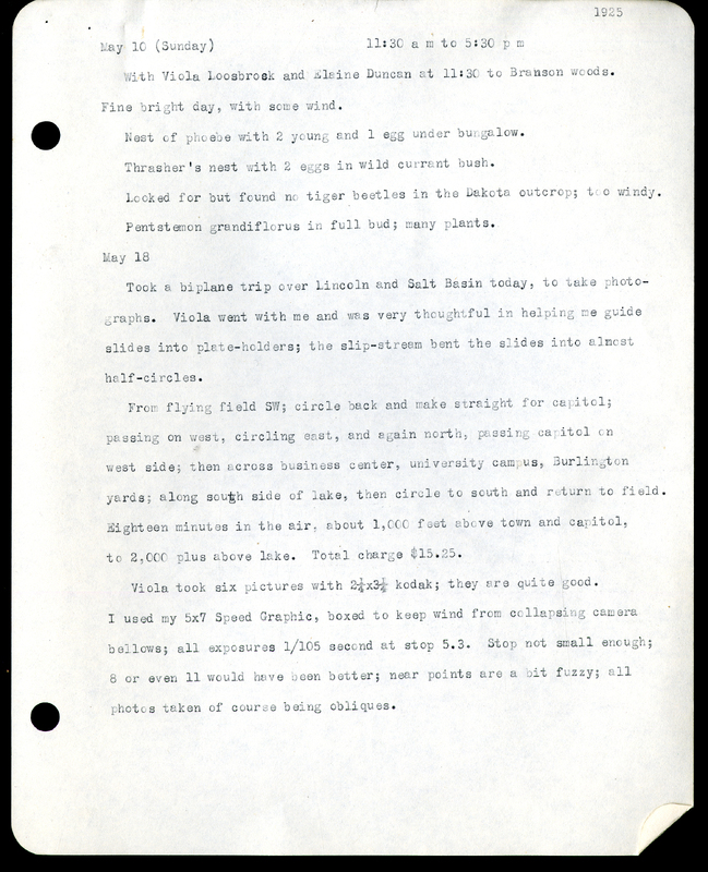 Frank H. Shoemaker typescript, 3 pages,  on Woodlawn Cemetary and Branson Woods, including biplane trip over Lincoln, Nebraska.