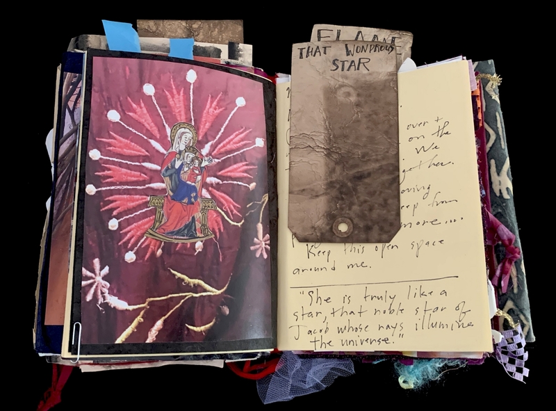 A mixed-media page featuring a religious illustration and handwritten notes.