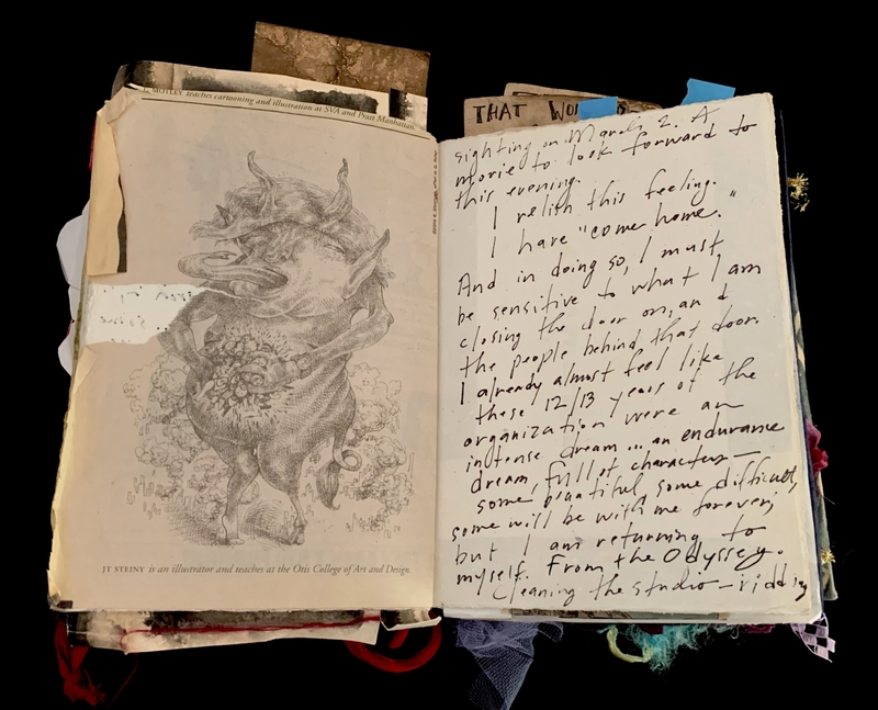 A mixed-media page featuring a detailed drawing of a mythical creature and handwritten reflections on personal and professional transitions.
