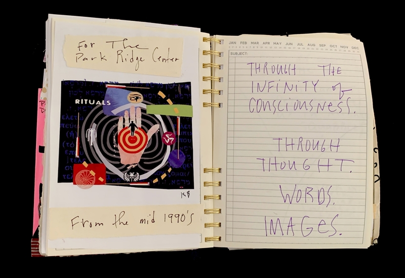 : A collage page with handwritten notes and a calendar entry discussing consciousness, thought, words, and images.

---