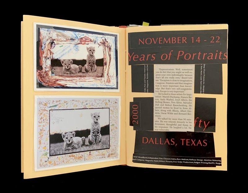 A page from a portfolio or exhibition catalog featuring artwork, photographs, and text related to a portrait exhibition in Dallas, Texas.