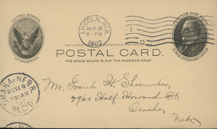 Handwritten postcard from Robert H. Wolcott to Frank H. Shoemaker, "The executive committee of the N.O.U. must meet and make nominations yourself, myself, Dickinson, Condra(?)..."