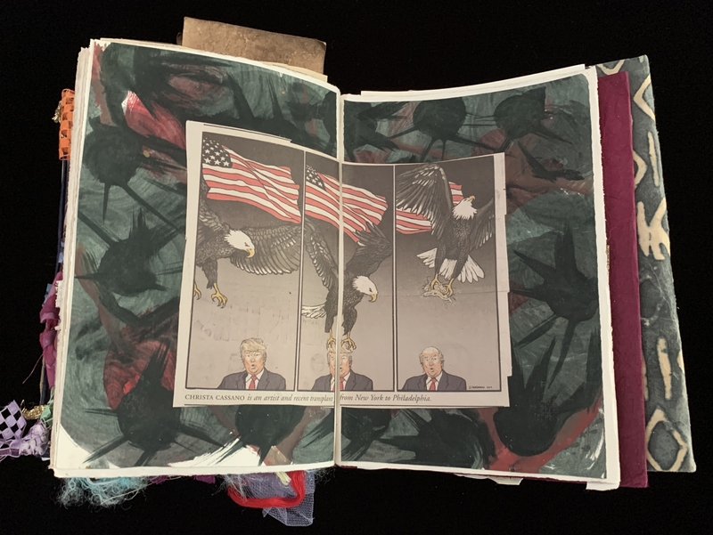 A collage featuring a triptych of images with an American flag and eagles, alongside portraits of individuals, set against a dark, textured background.