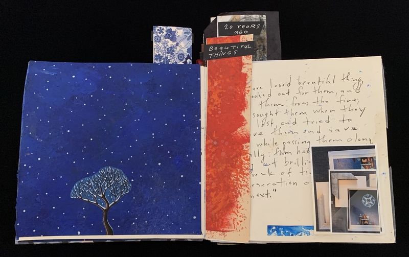 Open book with a blue starry page and a tree illustration on the left, handwritten text on cream paper with red and photo accents on the right.