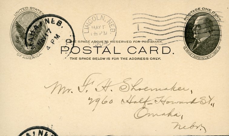 Handwritten postcard from Robert H. Wolcott to Frank H. Shoemaker, "Arrived here all o.k. at 12: 40 a.m.- saw Miss Caldwell to a hash(?) and then..."
