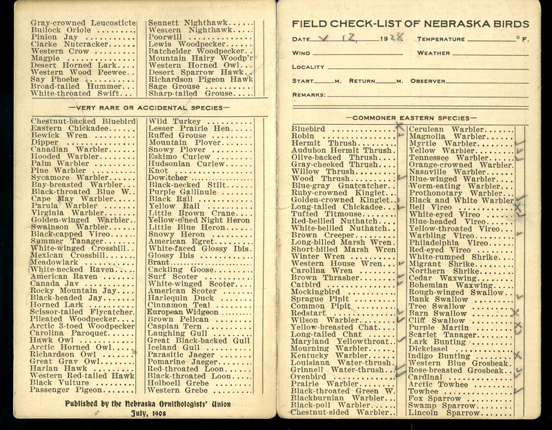 Frank H. Shoemaker bird record, sited on May 12, 1928 and recorded on the "Field Check List of  Nebraska Birds."