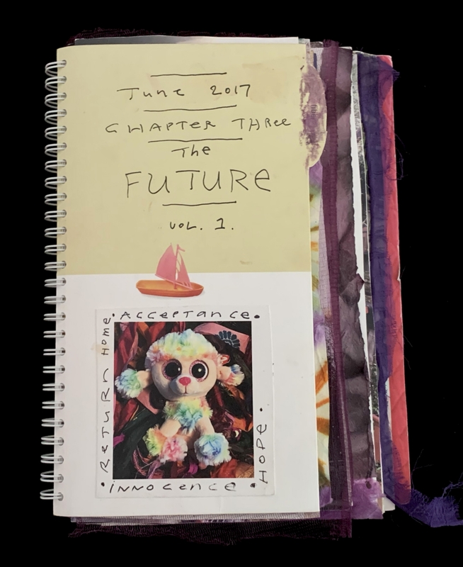 A scrapbook page from June 2017, titled "Chapter Three: The Future, Vol. 1," featuring a photograph of a stuffed animal and various handwritten words.