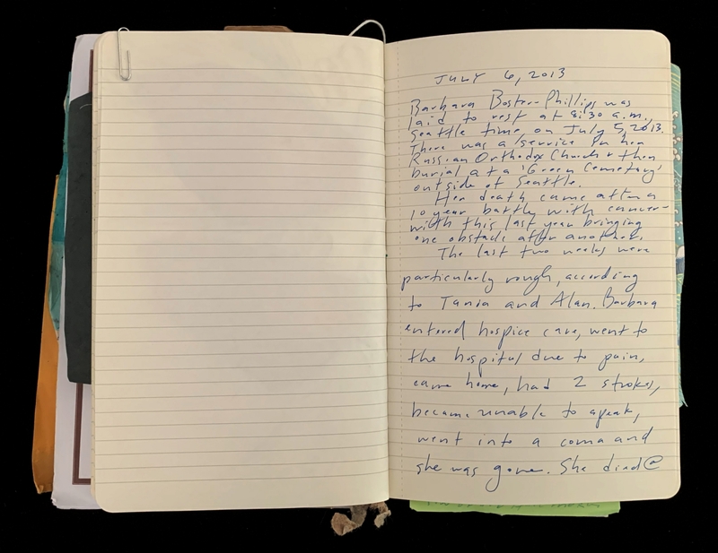 Open notebook with handwritten text on the right page dated July 6, 2013, and a blank lined page on the left.