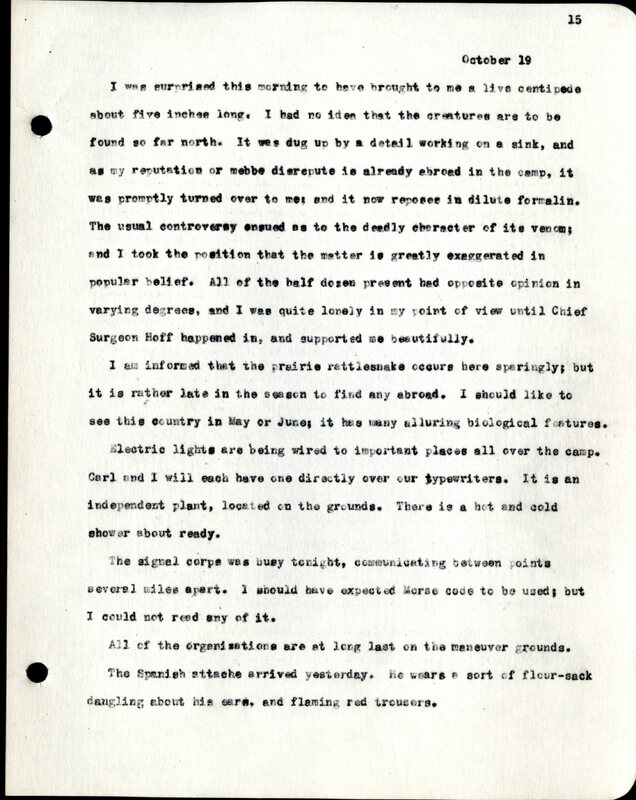 Frank H. Shoemaker typescript, 28 pages, titled "At Fort Riley, Kansas" on activities at Fort Riley between Oct. 12-29, 1903.