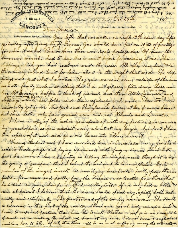 Handwritten 2 page letter from Lawrence Bruner to Marcia Bruner, "Your letter that was written Sept. 12th came day before yeserday after doing by way of France."