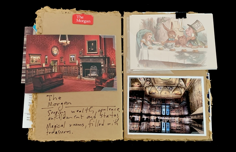 Collage featuring a red room with art, an "Alice in Wonderland" illustration, a grand library, and handwritten notes.