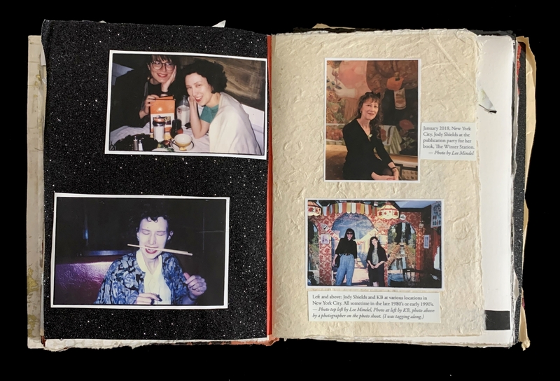 An open scrapbook with photos on black, glittery and light-colored pages.
