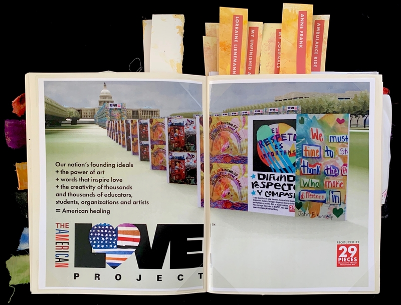 An open journal showing artworks and text, including images of the U.S. Capitol and colorful posters with inspirational messages.