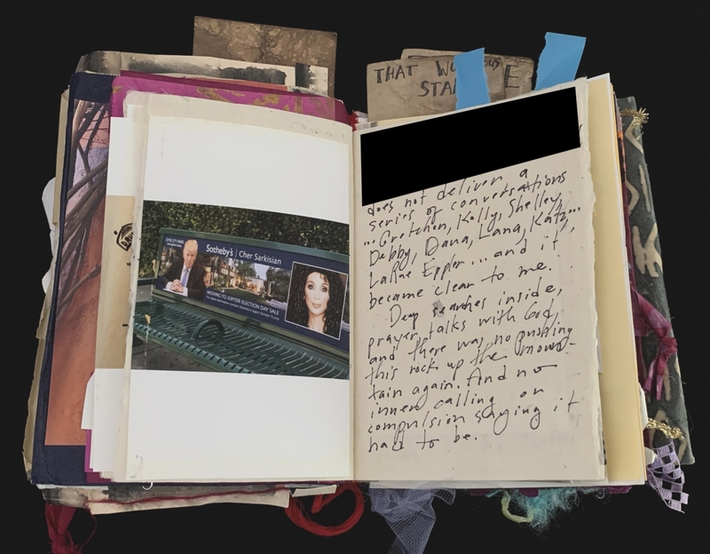 A scrapbook page featuring handwritten notes, a photograph, and various ephemera.
