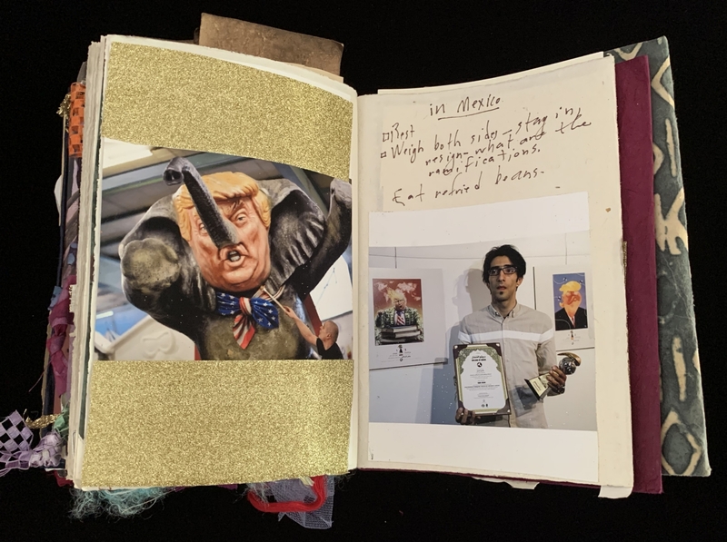 A collage page featuring a caricature of Donald Trump, a photograph of a person holding a certificate, and handwritten notes.