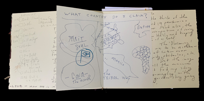 A handwritten page with various notes, doodles, and a central question about national identity.