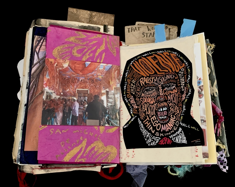 A collage featuring a variety of images, text, and abstract designs, including a prominent silhouette filled with words and a vibrant pink and gold abstract piece.