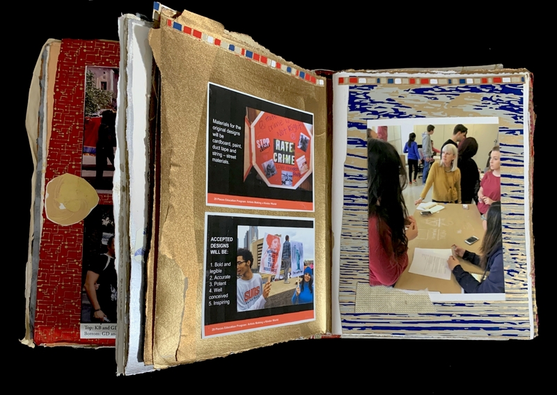 An open scrapbook with pages displaying protest imagery and people in discussion.