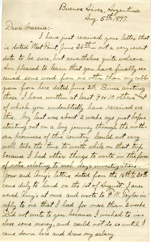 Handwritten 6 page letter from Lawrence Bruner to Marcia Bruner, "I have just received your letter that is dates 'West Point, June 26th'..."