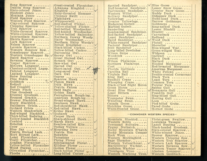 Frank H. Shoemaker bird record, sited on July 3-13, 1911, in Thomas Couny, Nebraska, and recorded on the "Field Check List of  Nebraska Birds."