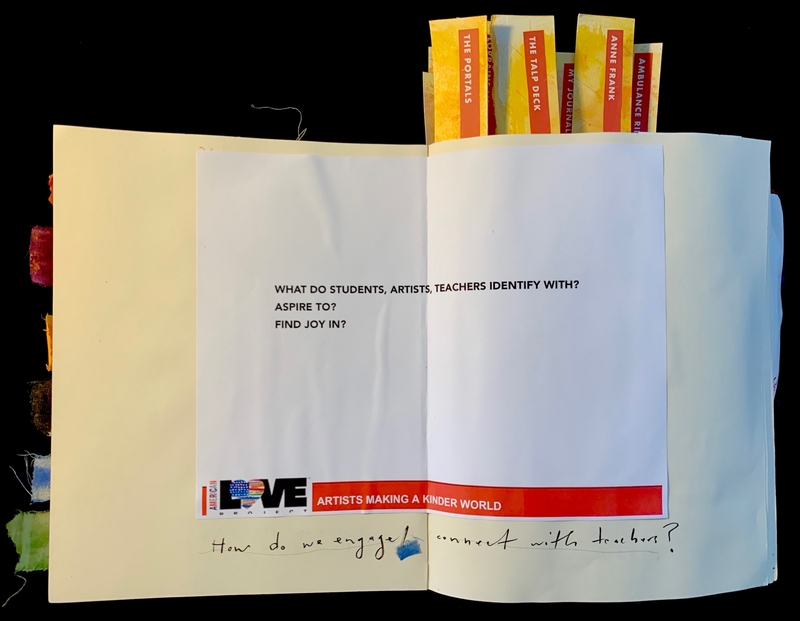 An open journal with printed text and artwork, featuring colorful page tabs and handwritten questions.