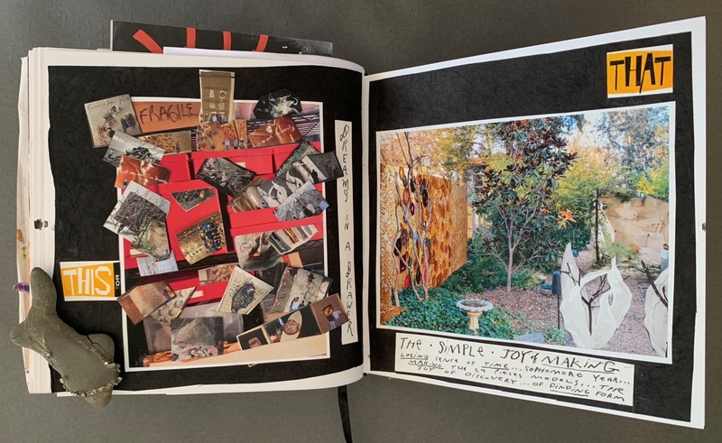 A mixed-media journal page featuring a collage of images and text alongside a photograph of a garden scene.