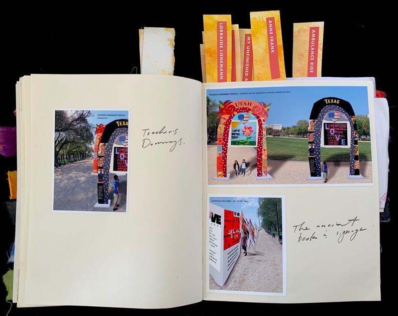 Open journal with photos of artistic archways and handwritten notes.