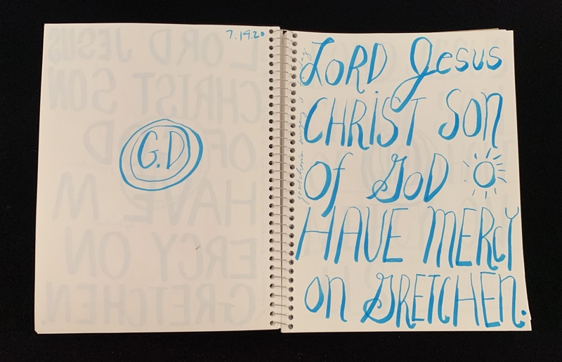 A handwritten prayer page with a date and initials, featuring a circular doodle and a prayer for mercy.