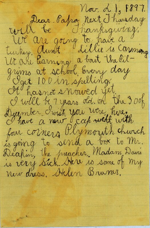 Handwritten 1 page letter from Helen Bruner to Lawrence Bruner, "Next Thursday will be Thanksgiving…"