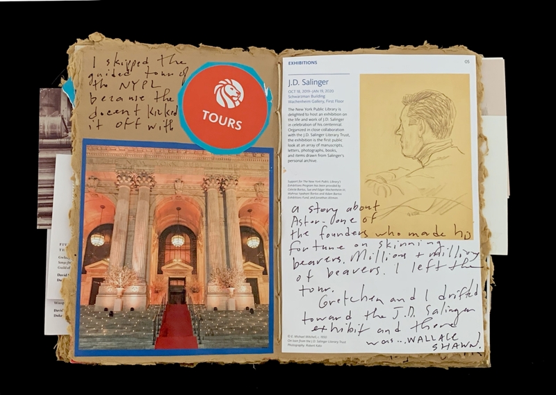 A collage containing a photograph of a grand building entrance, a circular icon with a lion, and a page discussing a J.D. Salinger exhibition, with handwritten notes.