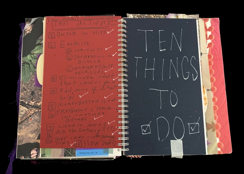 A handwritten list titled "Ten Actions" is displayed on a red page, with a black page on the right side that reads "TEN THINGS TO DO."