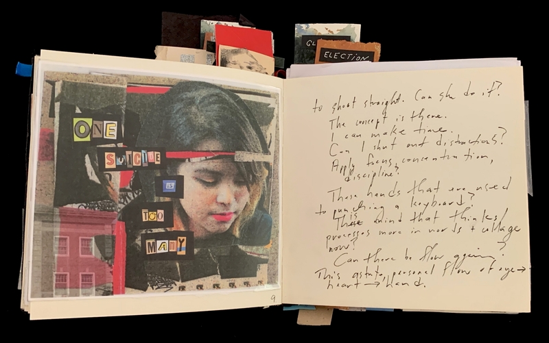 Open book with a collage and handwritten text.