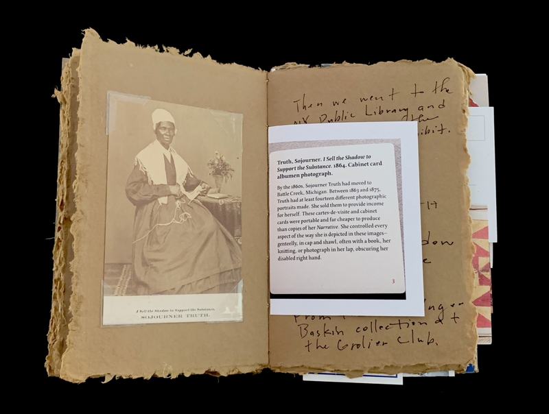 Open book with a sepia photo of Sojourner Truth on the left page and text about her photo on the right page.