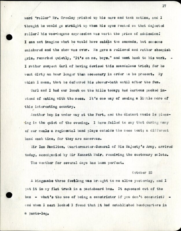 Frank H. Shoemaker typescript, 28 pages, titled "At Fort Riley, Kansas" on activities at Fort Riley between Oct. 12-29, 1903.