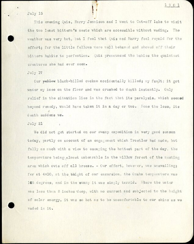 Frank H. Shoemaker typescript,  8 pages, on field trips in Omaha, Nebraska, and area referred to as Cut-Off Lake.