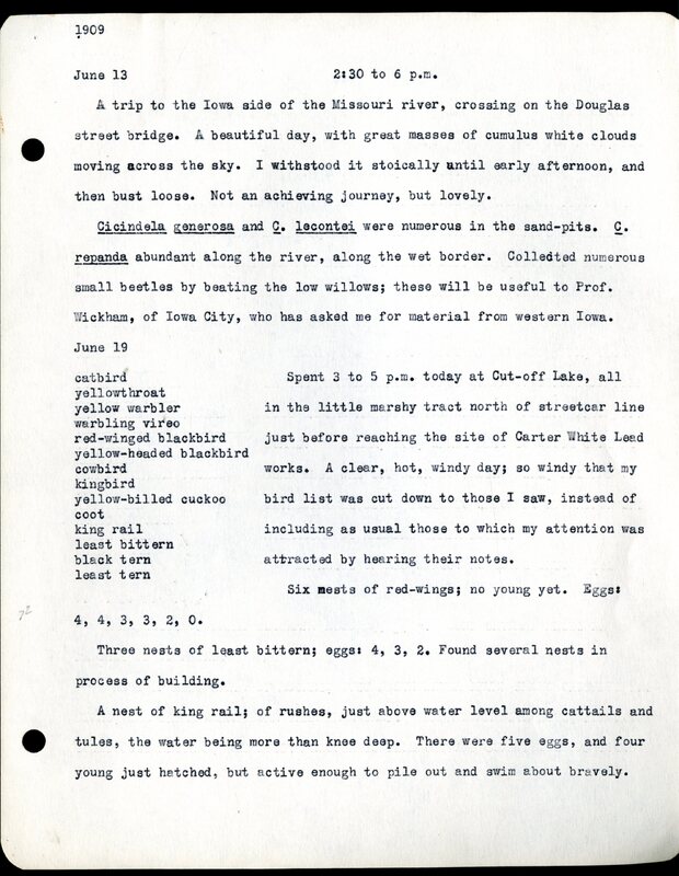 Frank H. Shoemaker typescript, 11 pages, notes and bird lists from field trip at Havelock, Nebraska, and areas surrounding Lincoln, Nebraska
