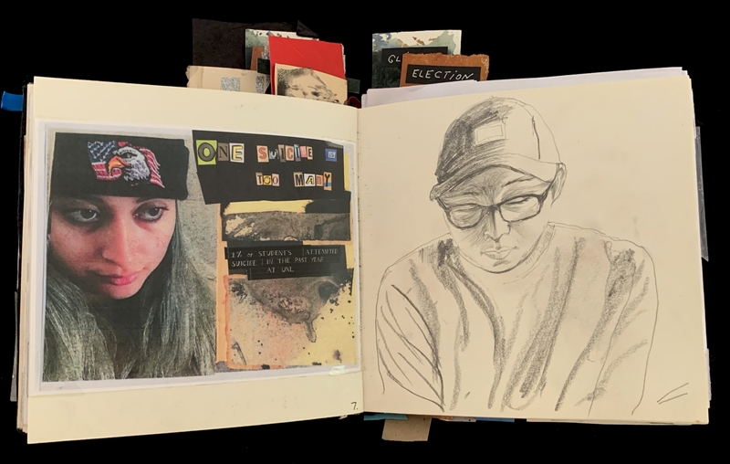 An open book with a collage on one page and a pencil sketch on the other. The collage includes a photo and text "ONE SUICIDE IS TOO MANY." The sketch depicts a person in a cap and glasses.