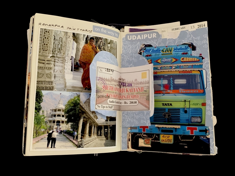 Open scrapbook with photos of Ranakpur Jain Temple and a colorful truck illustration. Includes ticket for "Sheth Anandji Kalyanji" temple.